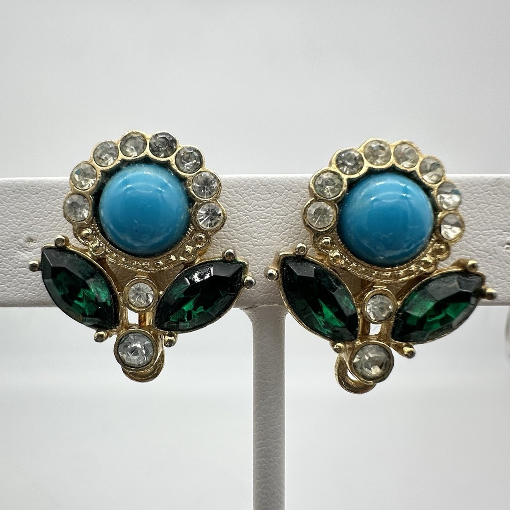 Vtg Sarah Coventry Maharani Earrings Rhinestone Faux Turquoise 1969